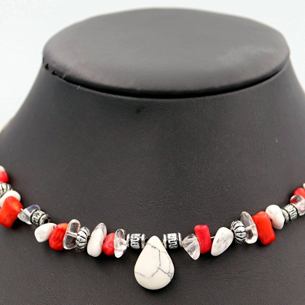 Howlite, Red Coral Stone with Tibetan and metal beads Choker with Memory Wire